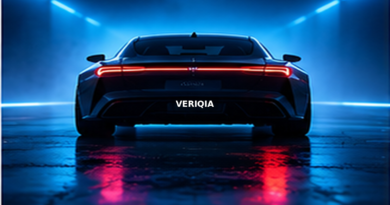 Rear of sleek electric sports car in a blue-lit hall with centered VERIQIA watermark