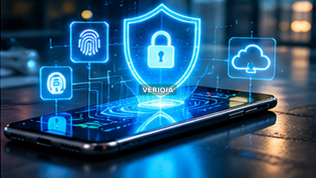 Digital privacy icons against a cinematic dark background with centered VERIQIA watermark