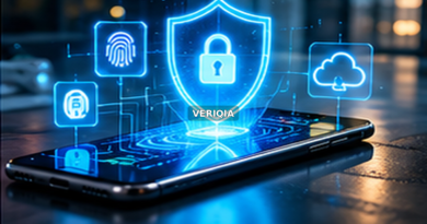 Digital privacy icons against a cinematic dark background with centered VERIQIA watermark