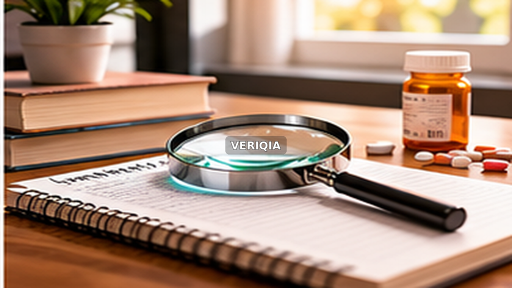 Notebook with reading glasses and health research notes with centered VERIQIA watermark