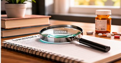 Notebook with reading glasses and health research notes with centered VERIQIA watermark