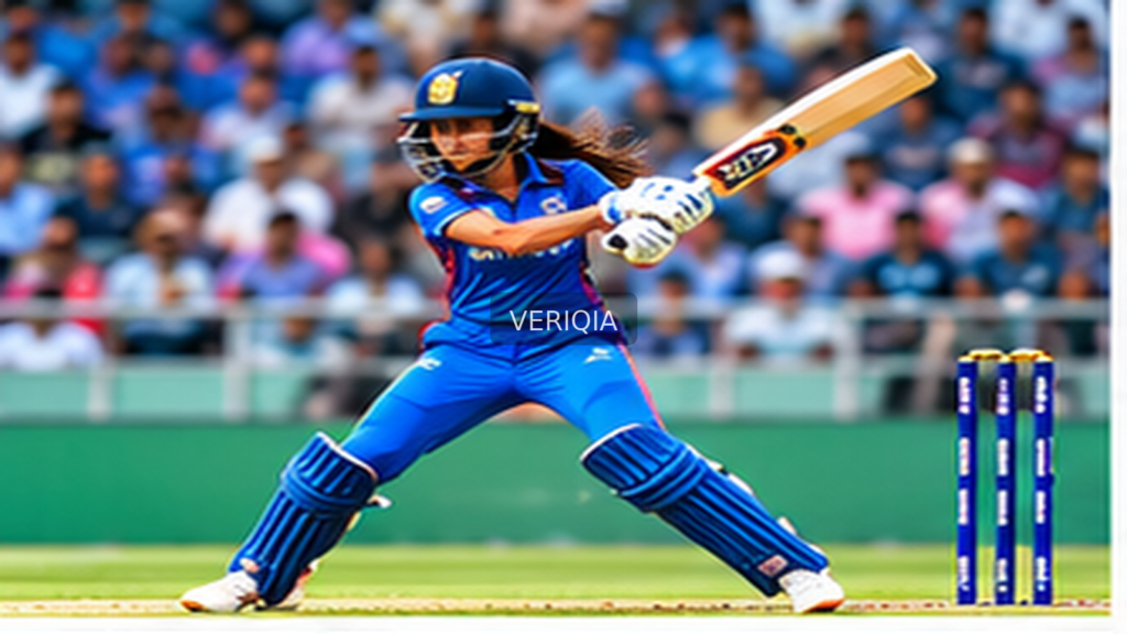 Editorial photograph depicting women’s cricket, with a centered subtle VERIQIA watermark.