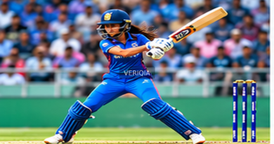 Editorial photograph depicting women’s cricket, with a centered subtle VERIQIA watermark.