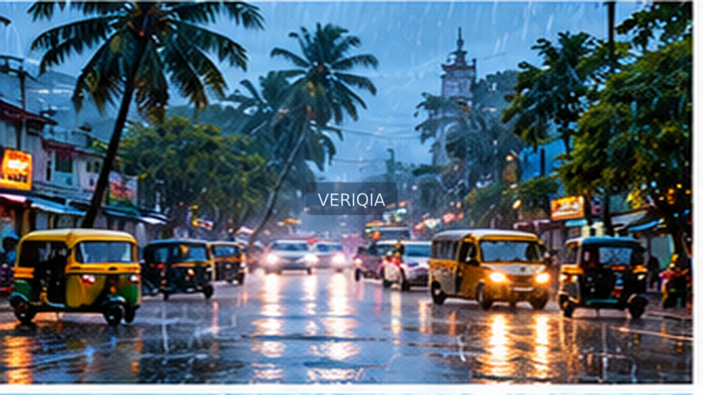 Editorial photograph depicting South Indian monsoon conditions, with a centered subtle VERIQIA watermark.