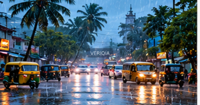 Editorial photograph depicting South Indian monsoon conditions, with a centered subtle VERIQIA watermark.