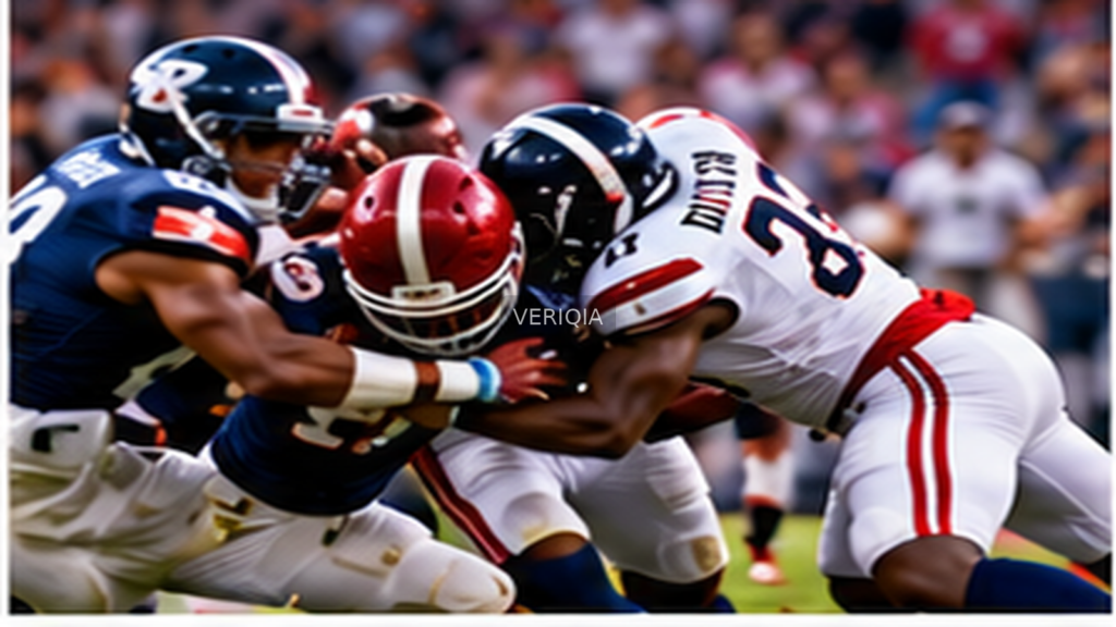 Editorial illustration of college American football, with VERIQIA watermark at the center.