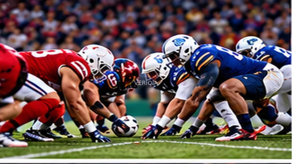 Editorial illustration of college American football, with VERIQIA watermark at the center.
