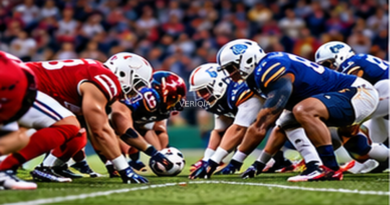 Editorial illustration of college American football, with VERIQIA watermark at the center.