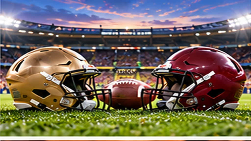 Editorial illustration of college football rivalry, with VERIQIA watermark at the center.