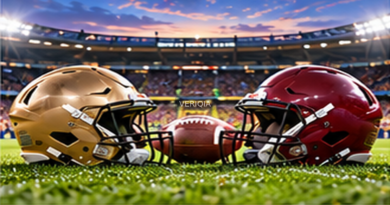 Editorial illustration of college football rivalry, with VERIQIA watermark at the center.