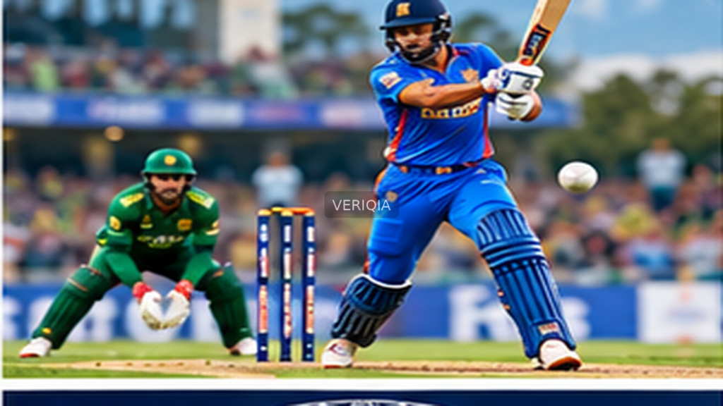Editorial illustration of one-day international cricket, with VERIQIA watermark at the center.