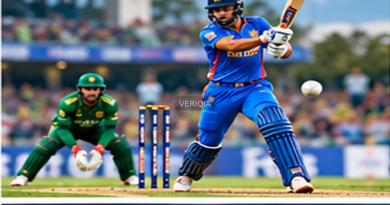 Editorial illustration of one-day international cricket, with VERIQIA watermark at the center.