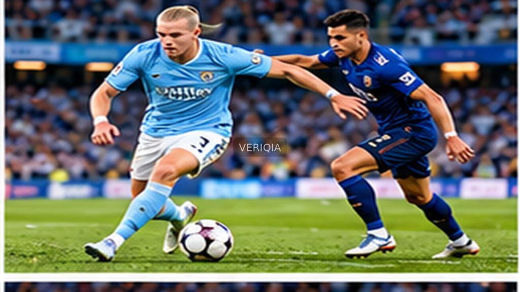Editorial illustration of English club football, with VERIQIA watermark at the center.