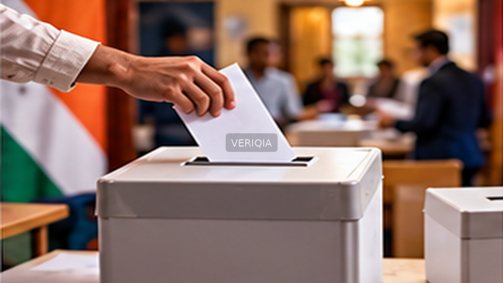 Editorial illustration of Indian election administration, with VERIQIA watermark at the center.
