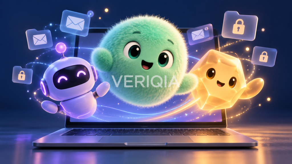 Three friendly AI agent avatars above a laptop with email and lock icons, illustrating approachable design and permissions