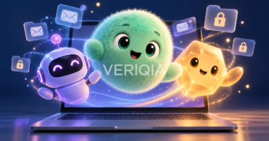 Three friendly AI agent avatars above a laptop with email and lock icons, illustrating approachable design and permissions
