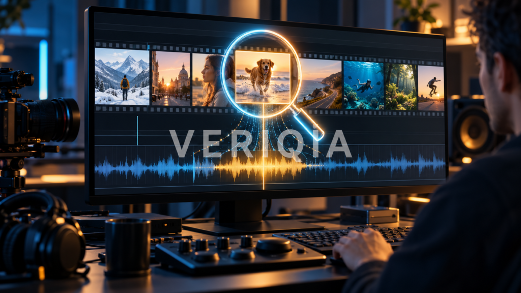 Video timeline with scene thumbnails, an audio waveform and a magnifying glass highlighting a moment for AI video search