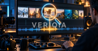 Video timeline with scene thumbnails, an audio waveform and a magnifying glass highlighting a moment for AI video search