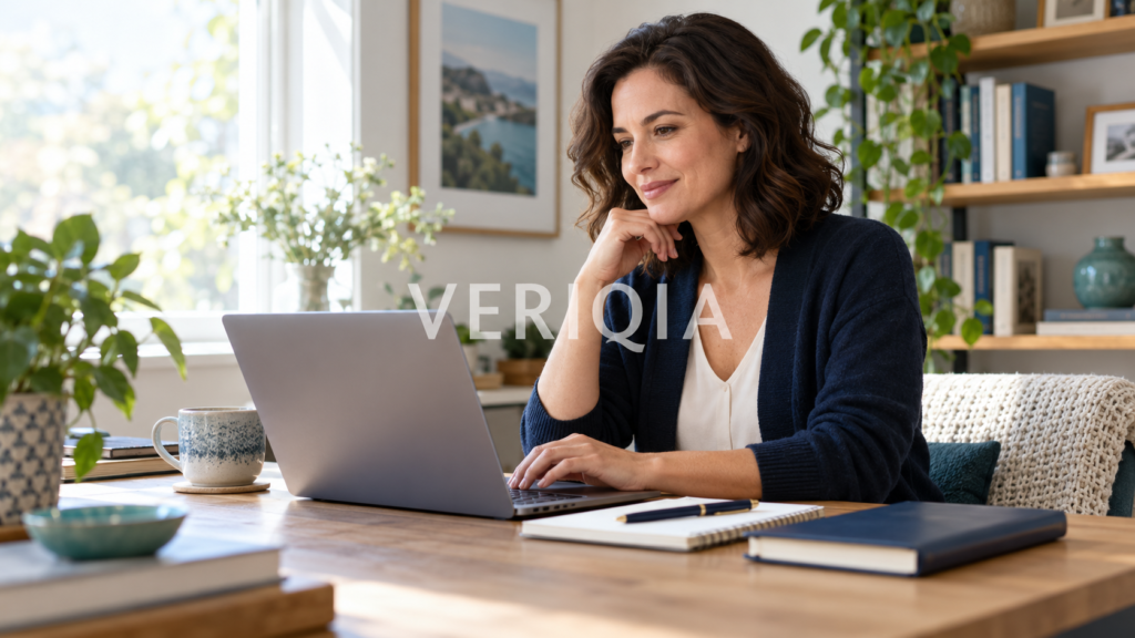 Professional updating a resume on a laptop at a bright home-office desk after a career break