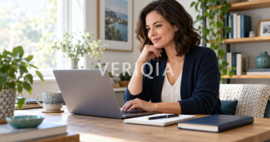 Professional updating a resume on a laptop at a bright home-office desk after a career break