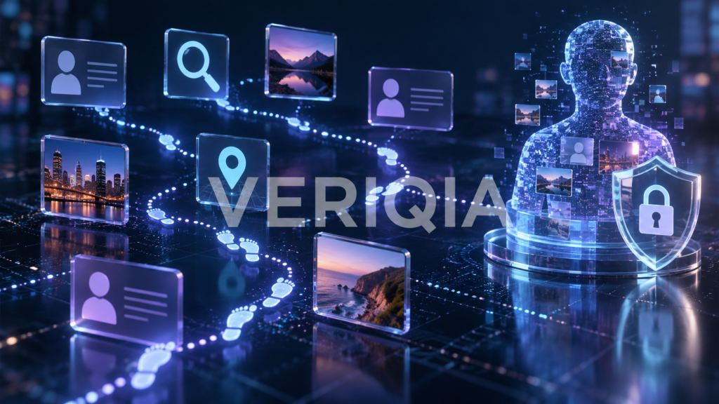 Digital footprints connecting public profiles, photos and location data to an online identity beside a privacy lock
