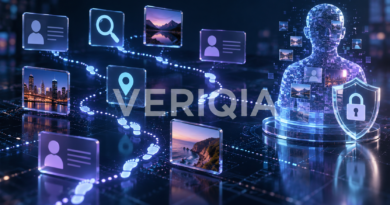 Digital footprints connecting public profiles, photos and location data to an online identity beside a privacy lock