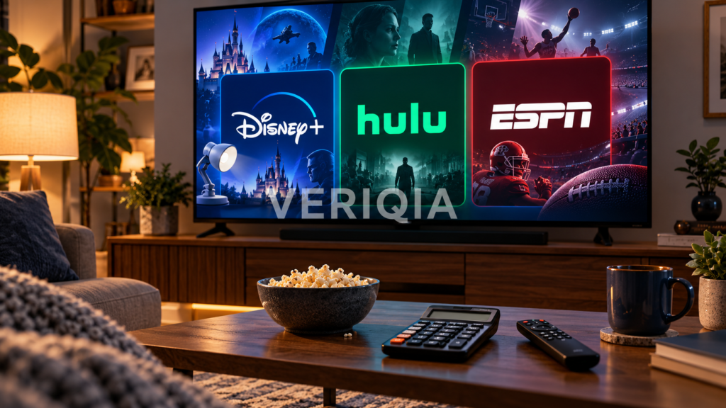 Disney+, Hulu and ESPN streaming tiles on a home television with a calculator and remote for comparing bundle value