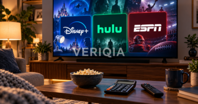 Disney+, Hulu and ESPN streaming tiles on a home television with a calculator and remote for comparing bundle value