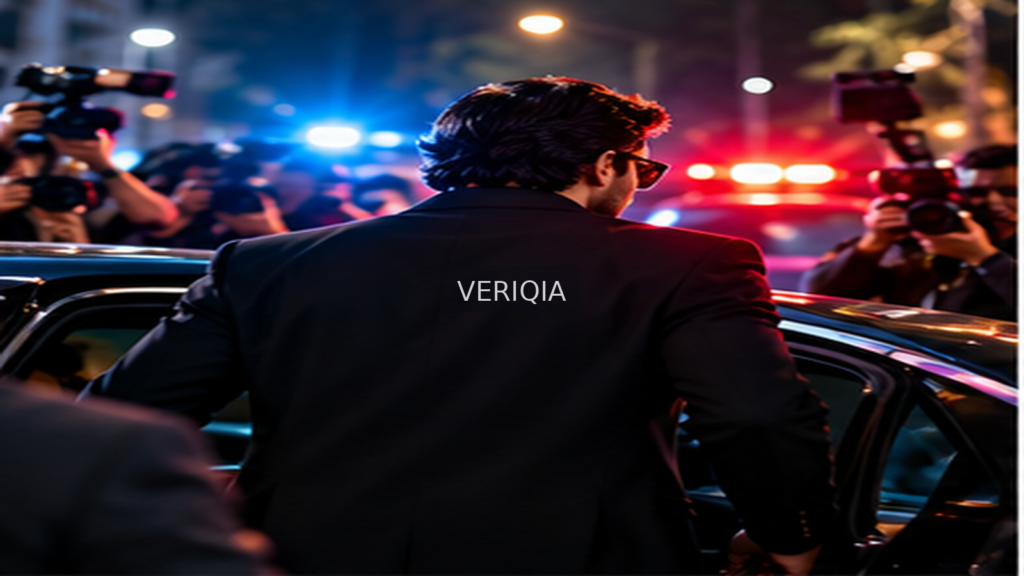 An illustrated celebrity arrival amid photographers and lights with centered VERIQIA watermark
