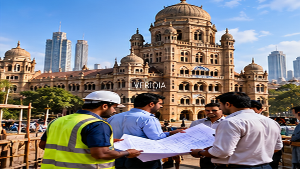 Illustration of civic inspectors reviewing architectural plans in Mumbai with centered VERIQIA watermark