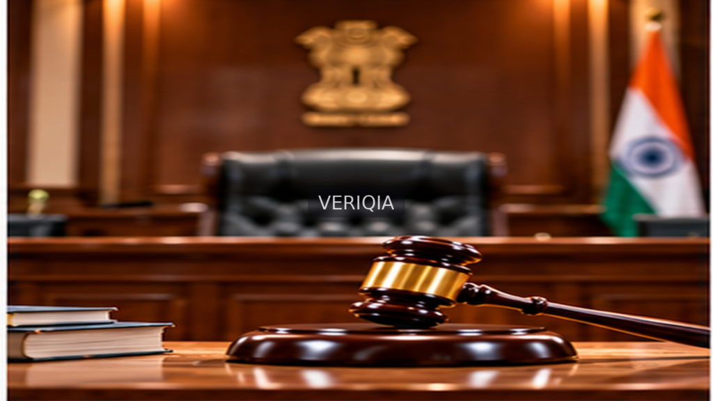 Illustration of a formal Indian courtroom and judge’s gavel with centered VERIQIA watermark