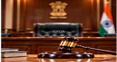 Illustration of a formal Indian courtroom and judge’s gavel with centered VERIQIA watermark