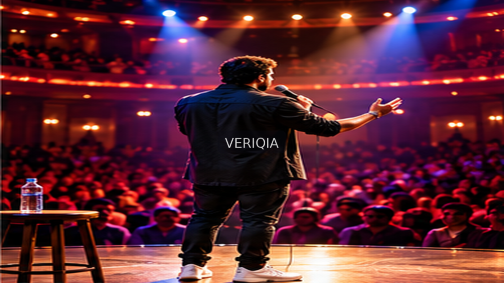 Illustration of a stand-up performer before a theatre audience with centered VERIQIA watermark