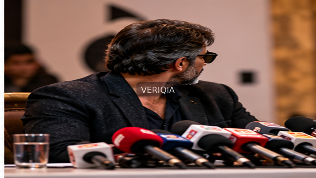 Illustration of a celebrity facing microphones at a press conference with centered VERIQIA watermark
