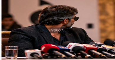 Illustration of a celebrity facing microphones at a press conference with centered VERIQIA watermark
