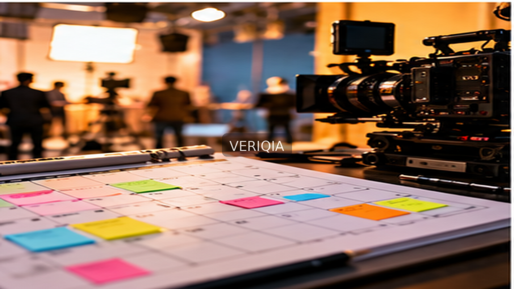 Illustration of a film set with production scheduling board with centered VERIQIA watermark
