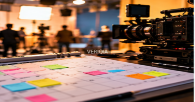 Illustration of a film set with production scheduling board with centered VERIQIA watermark