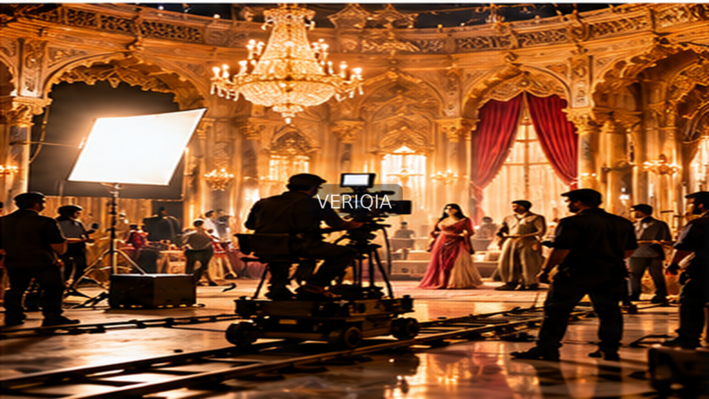 Illustration of a grand Indian film set and camera crew with centered VERIQIA watermark