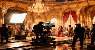 Illustration of a grand Indian film set and camera crew with centered VERIQIA watermark