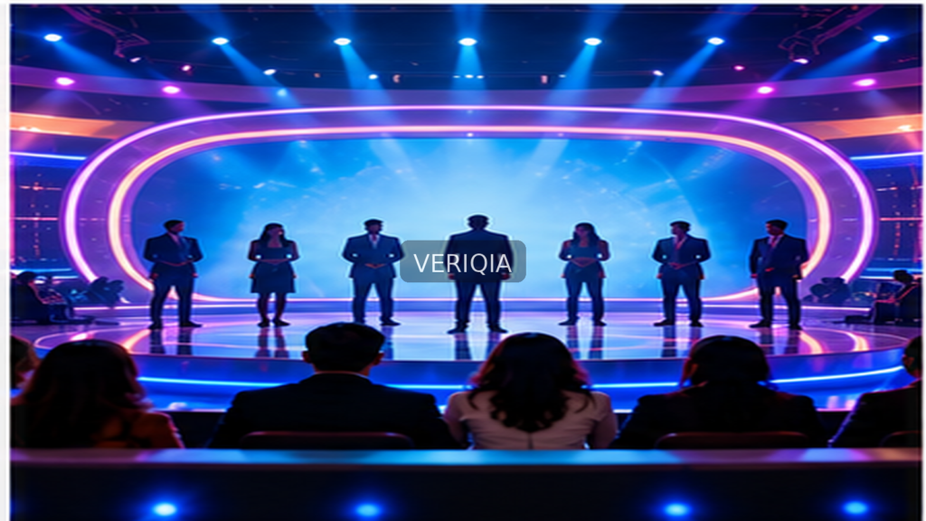 Illustration of a brightly lit television stage with centered VERIQIA watermark