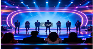 Illustration of a brightly lit television stage with centered VERIQIA watermark