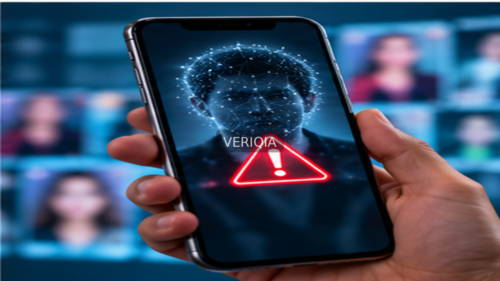 Illustration of an AI-manipulated face warning on a smartphone with centered VERIQIA watermark