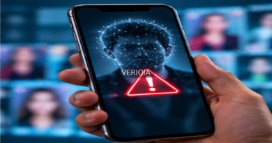 Illustration of an AI-manipulated face warning on a smartphone with centered VERIQIA watermark