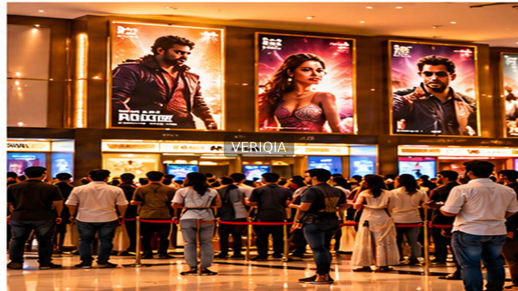 Illustration of a cinema foyer and film audiences with centered VERIQIA watermark