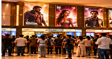 Illustration of a cinema foyer and film audiences with centered VERIQIA watermark