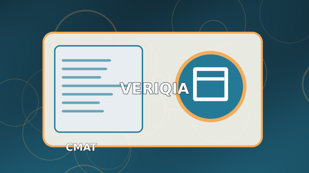 Original illustrated management entrance examination result guide with business skyline and analytical charts, VERIQIA editorial graphic