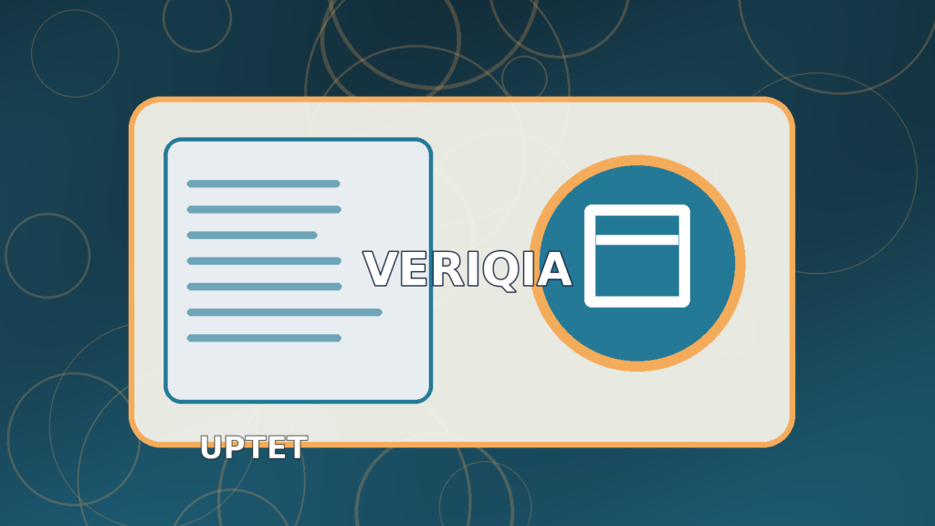 Original illustrated teaching eligibility examination result guide with colorful classroom, globe and teaching desk, VERIQIA editorial graphic