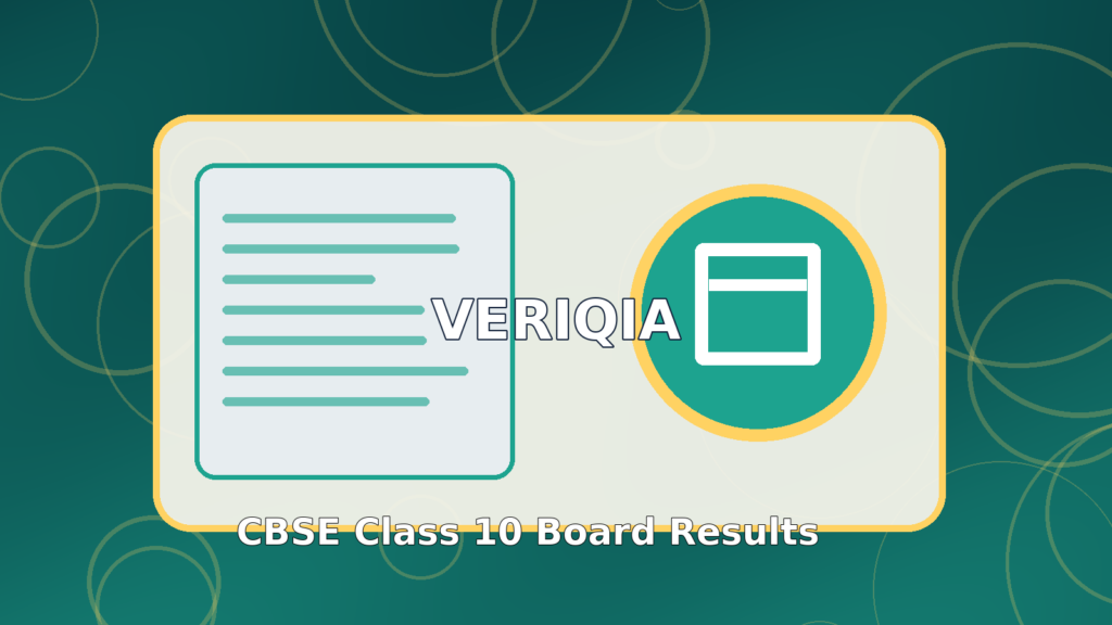 Original illustrated board examination examination result guide with school hallway and report folder, VERIQIA editorial graphic