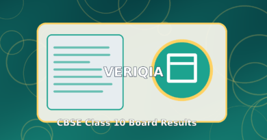 Original illustrated board examination examination result guide with school hallway and report folder, VERIQIA editorial graphic
