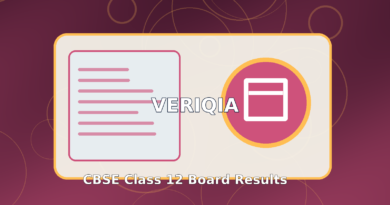 Original illustrated board examination examination result guide with school hallway and report folder, VERIQIA editorial graphic
